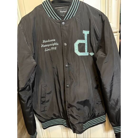 Diamond Men's Stripe Snap Button Quilted Lined Varsity Jacket Black Green Medium